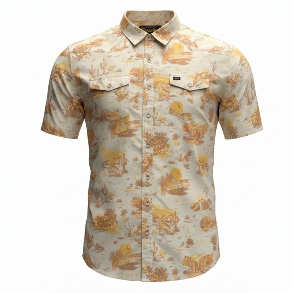 Howler Brothers Mens Desert Print Short Sleeve Pearl Snap Shirt Tan Size XXL